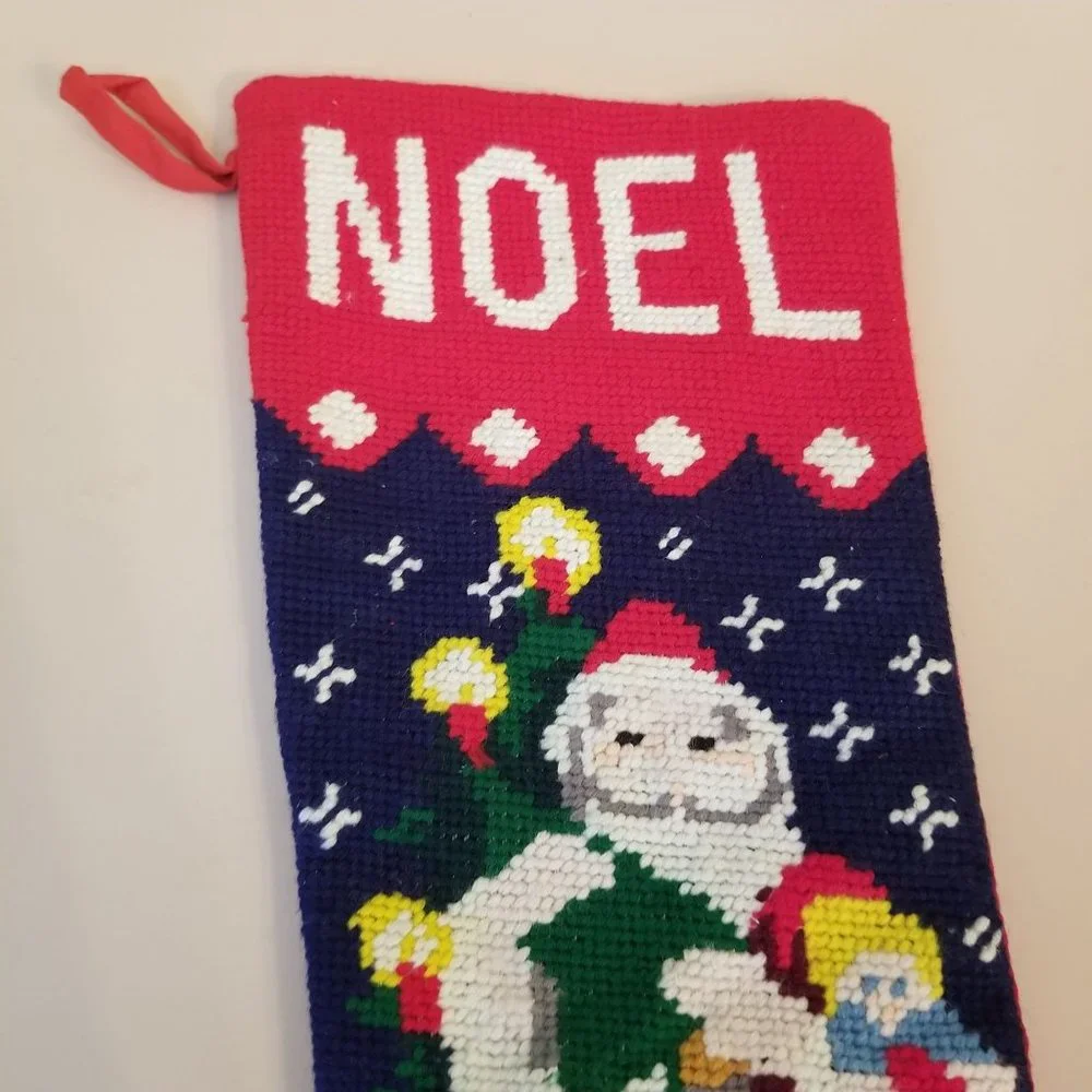 Santa Needlepoint Stocking Winter Holiday‎ Decor NOEL Father Christmas 21 in
